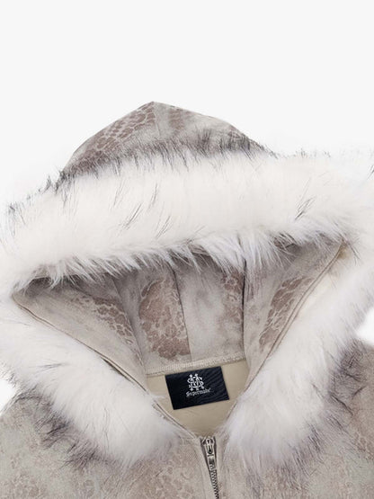 Leopard Print Hooded Jacket with Faux Fur Trim - Stylish and Warm Winter Outerwear 