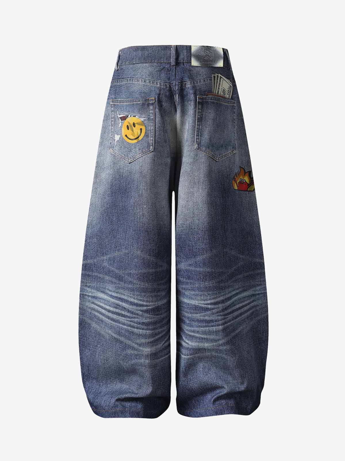 Denim Patchwork Wide Leg Jeans with Graphic Appliques and Distressed Details 
