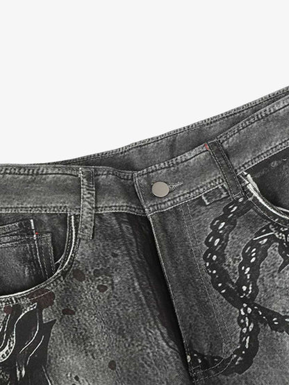 Black Printed Denim Wide-Leg Pants with Gothic Art Design for Men and Women 