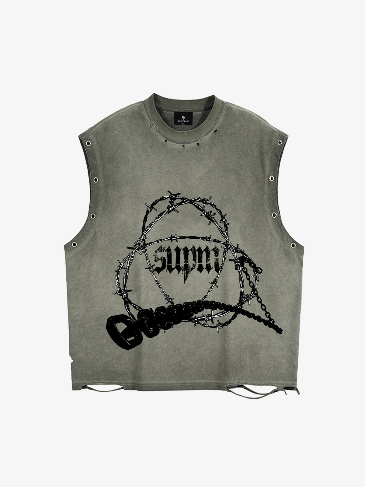 Distressed Sleeveless Crop Top with Barbed Wire Graphic Design 