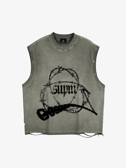 Distressed Sleeveless Crop Top with Barbed Wire Graphic Design 