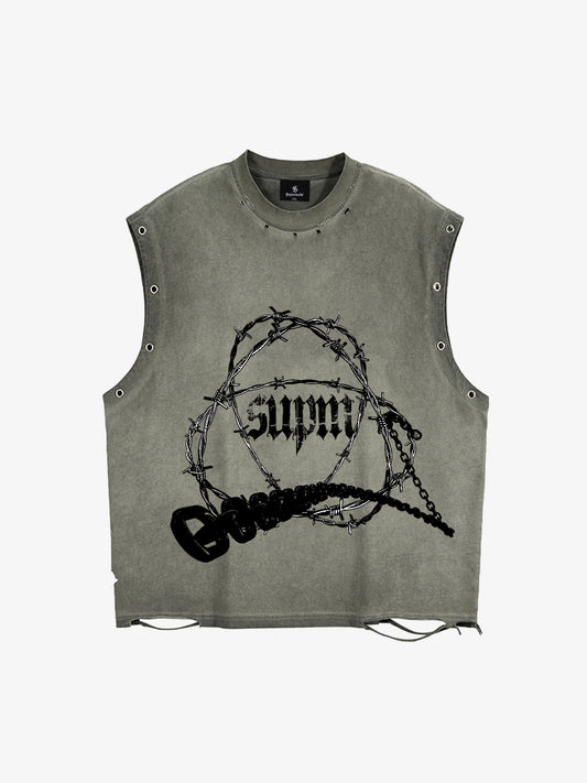 Distressed Sleeveless Crop Top with Barbed Wire Graphic Design 