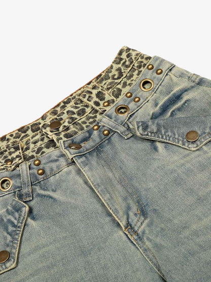 Denim Wide Leg Pants with Leopard Waistband and Gold Hardware 