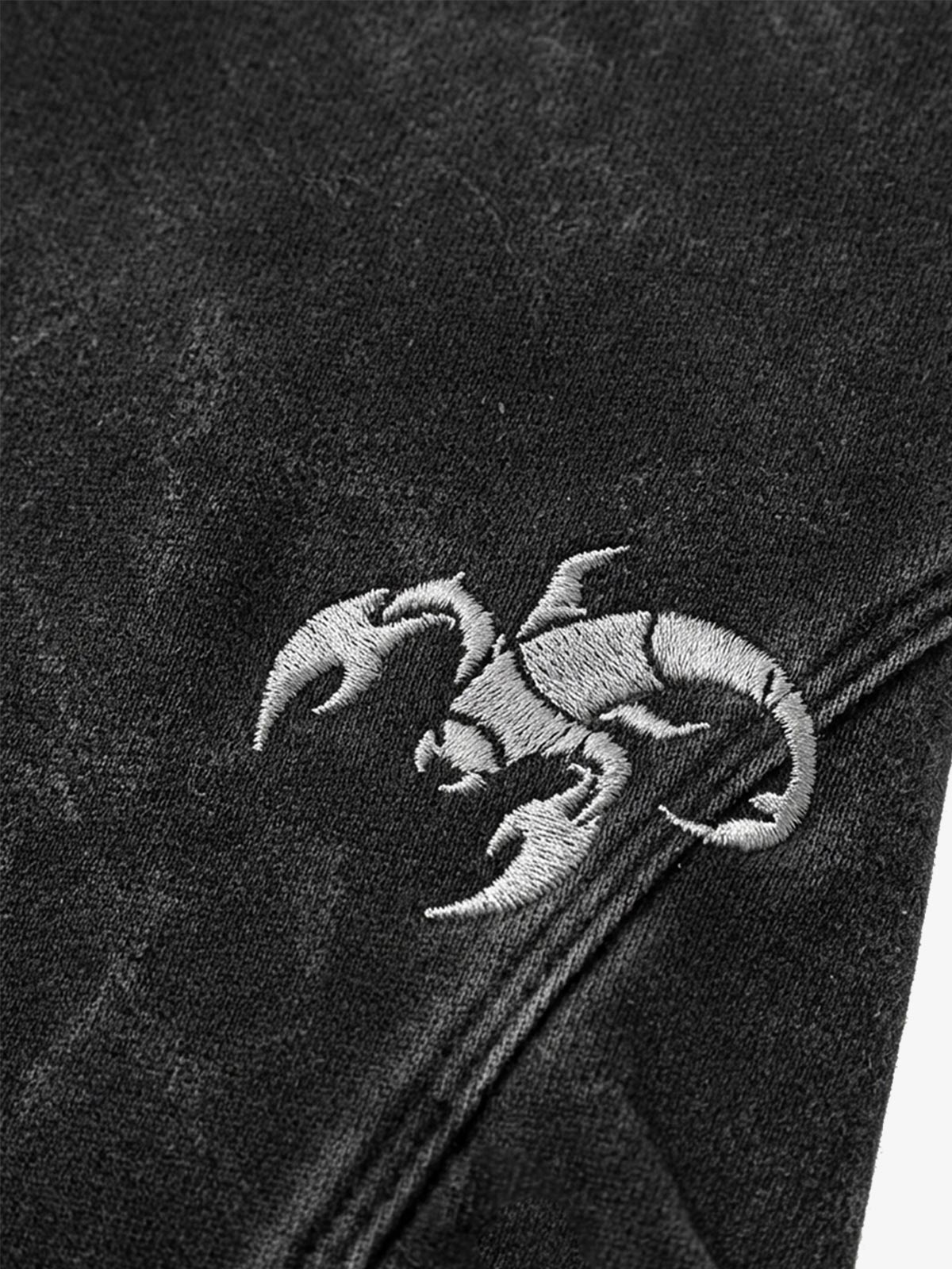 Washed Panel-Constructed Embroidered Pullover Hoodie