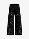 Cotton Blend Wide Leg Pants with Rhinestone Embellishment 
