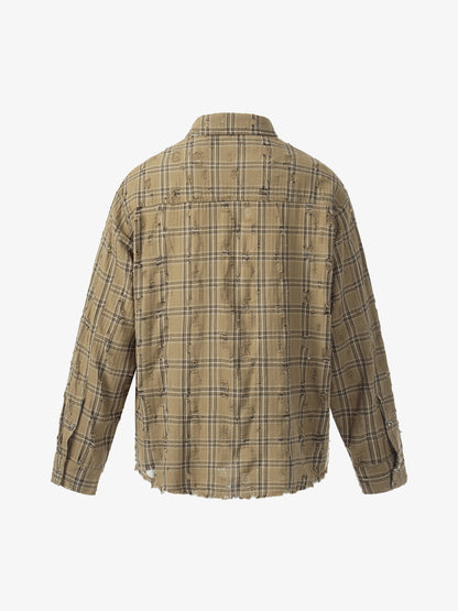 Ripped Plaid Cotton Long Sleeve Shirt for Men - Distressed Checkered Button-Up Casual overshirt 