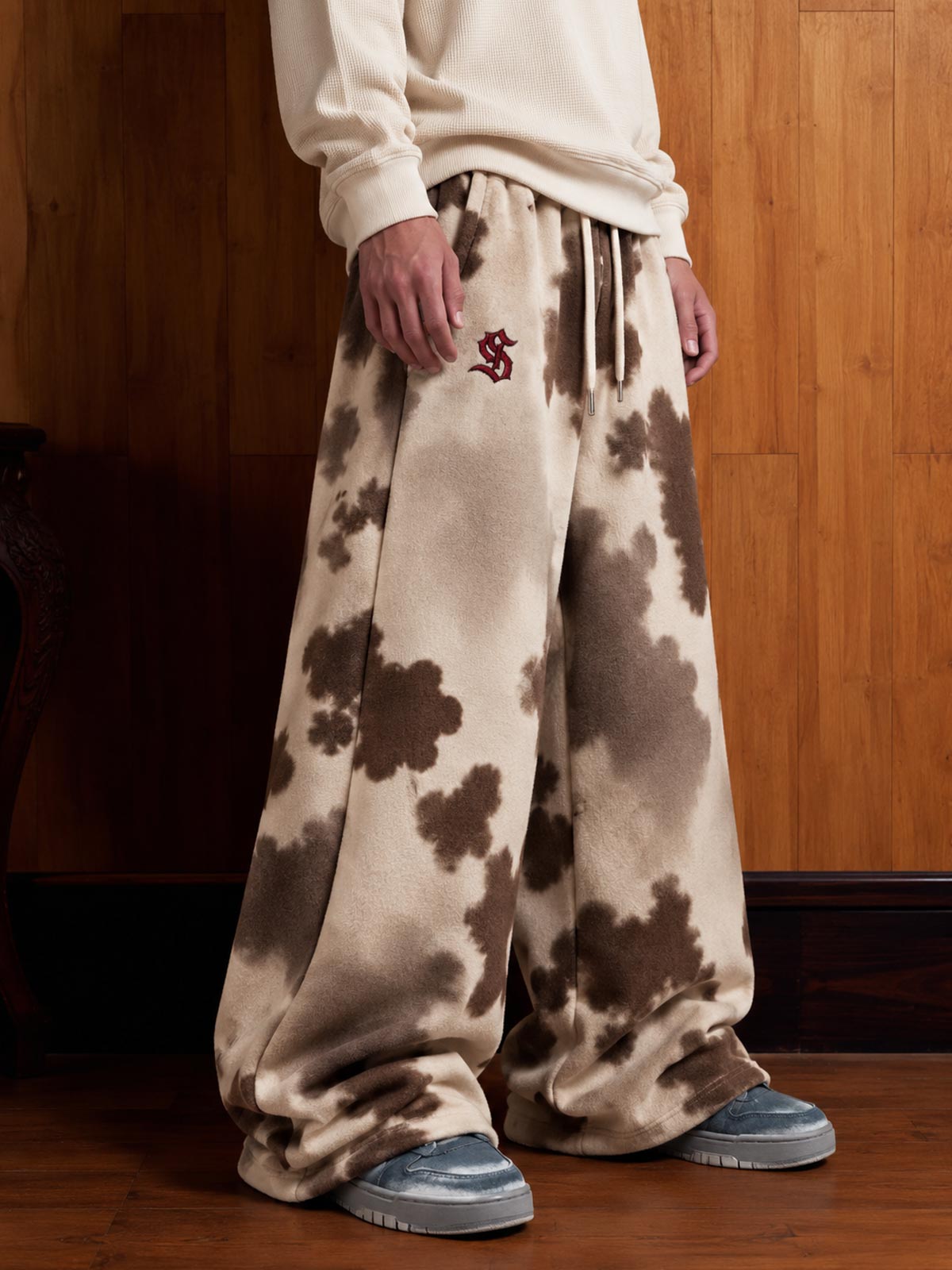 Cow Print Embroidered Wide-Leg Sweatpants