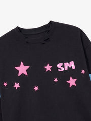 Star Foam Graphic Ripped Color Block Long Sleeve Tee