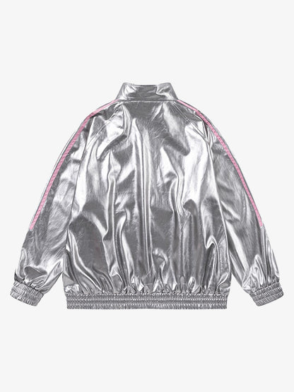 Reflective Metallic Track Jacket with Pink Accents for Sporty Elegance 