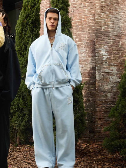 Cotton Blend Embroidered Pearl Detail Track Jacket with Zip Front and Hood 