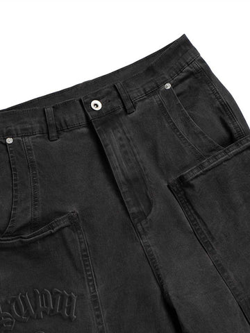 Scorpion-Embossed Multi-Pocket Distressed Cargo Jeans