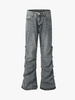 Distressed Pleated Flared Jeans