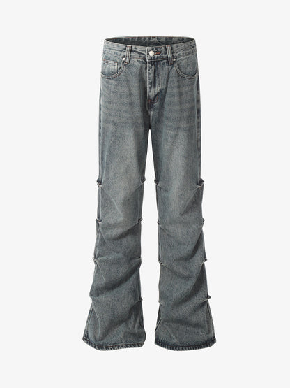 Distressed Pleated Flared Jeans