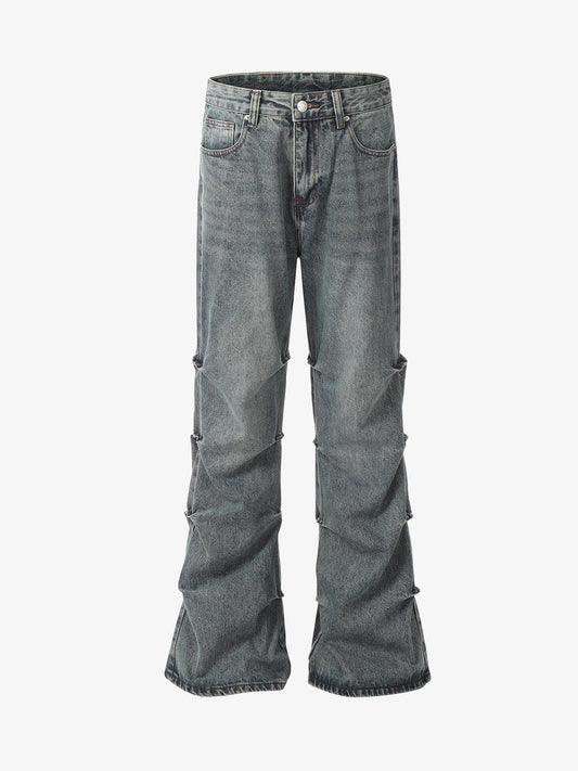 Distressed Pleated Flared Jeans