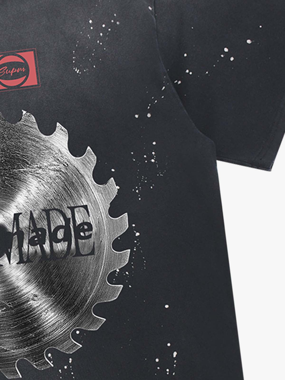 Thesupermade High-street Ink-splatter Wash Distressed Dark Damaged Gear Print T-shirt 