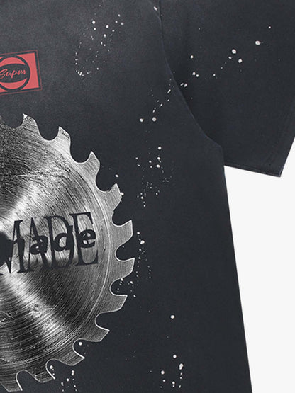 Thesupermade High-street Ink-splatter Wash Distressed Dark Damaged Gear Print T-shirt 
