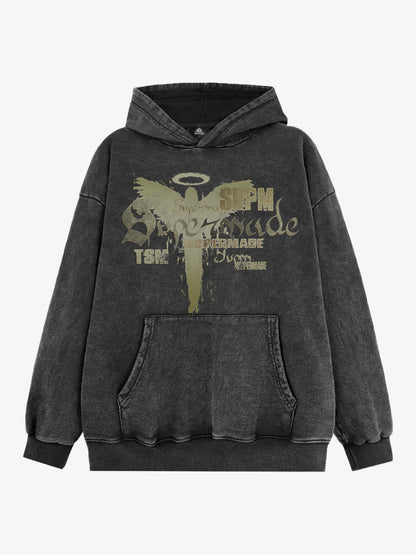 THE SUPERMADE A distressed trend print pattern hoodie that combines angel wings and gothic font elements 