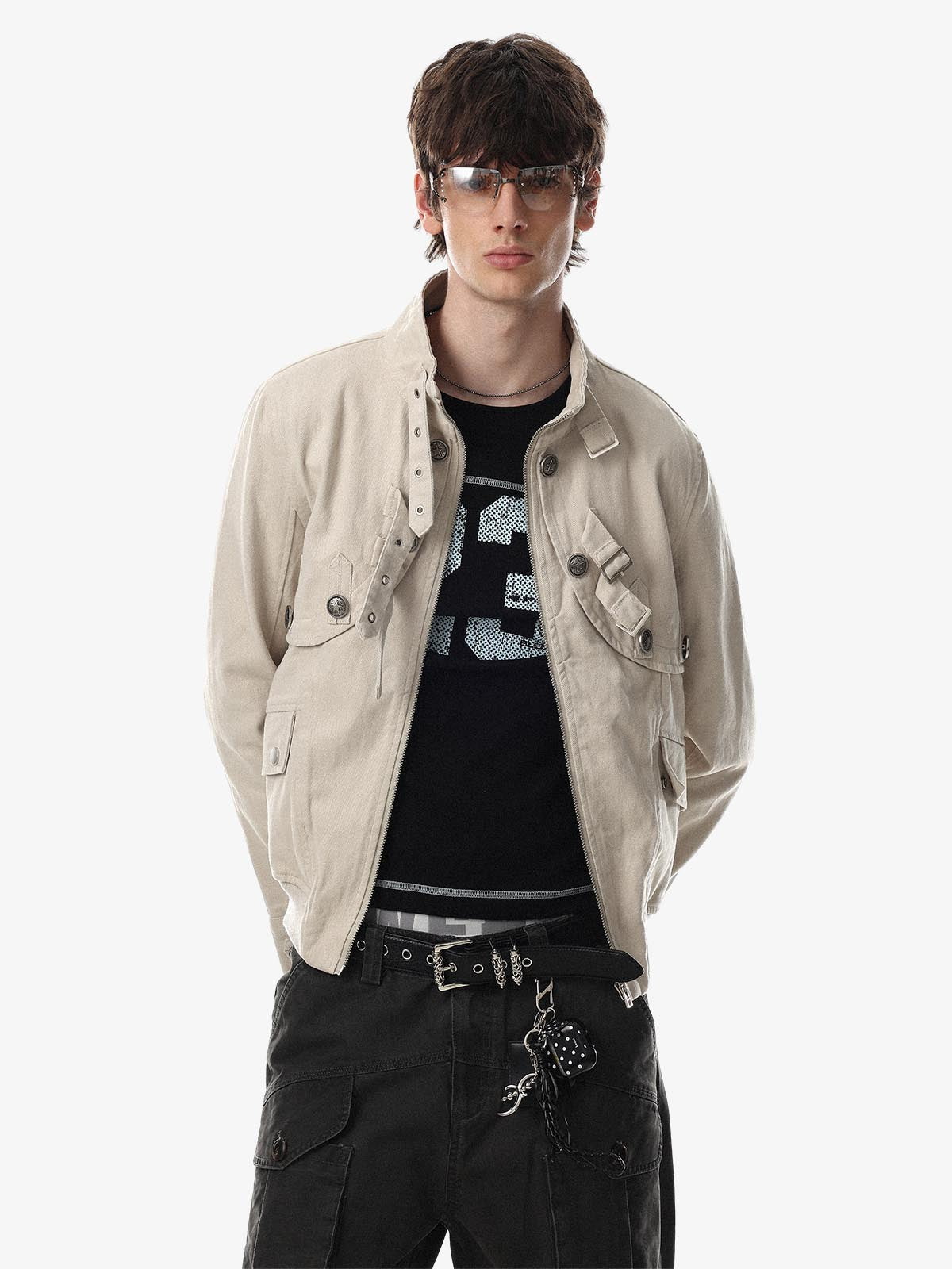 Metal Buckle Stand-Collar Cropped Utility Jacket