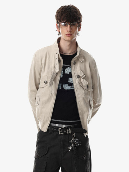 Metal Buckle Stand-Collar Cropped Utility Jacket