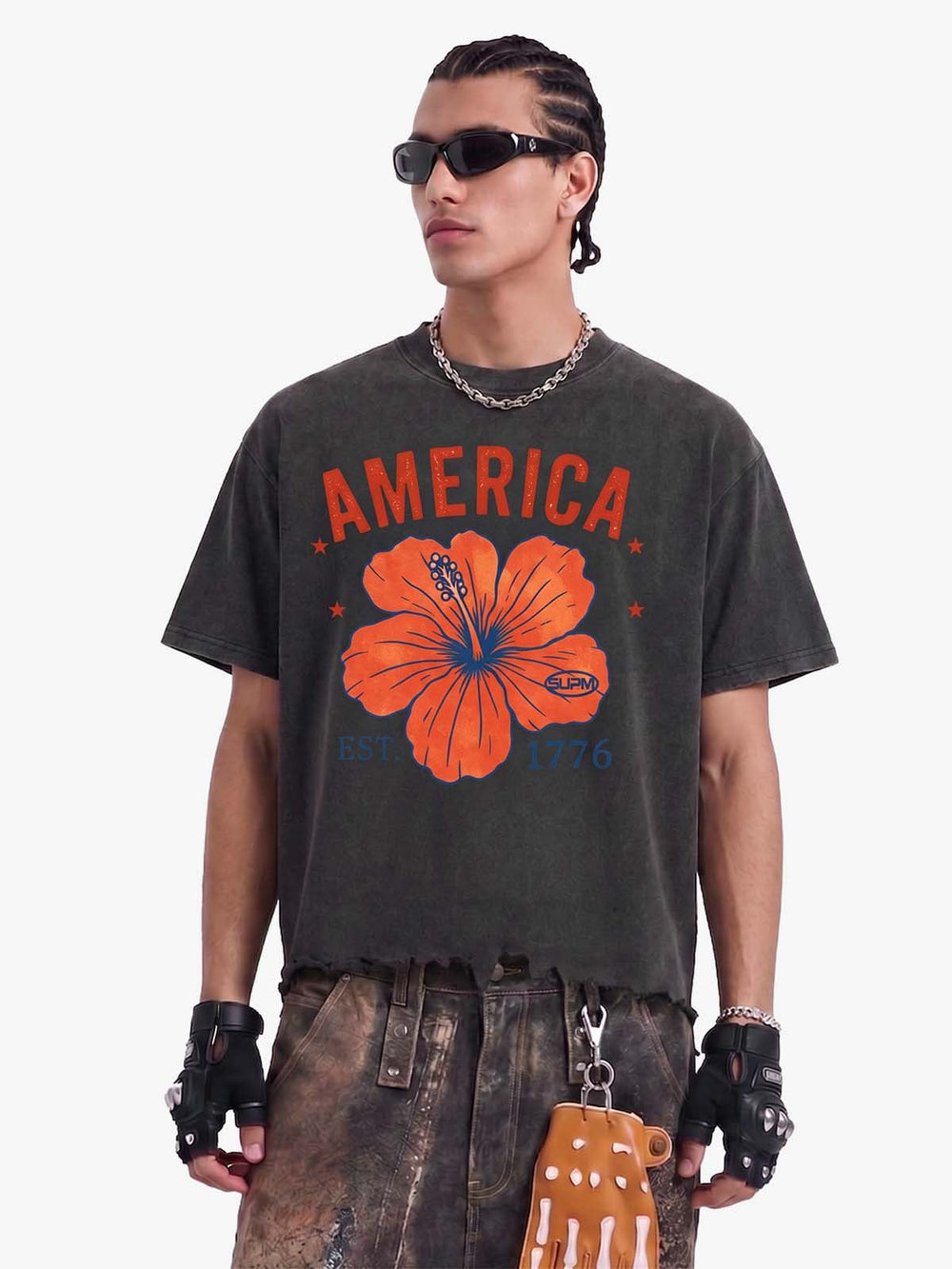Acid Wash Ripped Floral T-Shirt 
