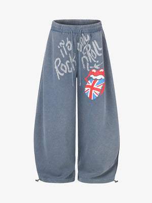 Lip Flag Graphic Distressed Washed Baggy Barrel Sweatpants
