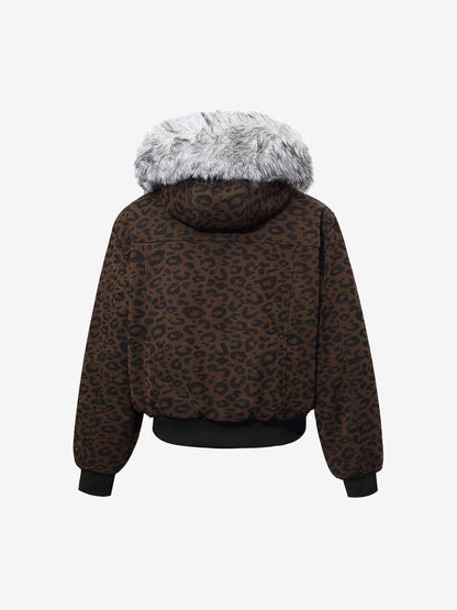 Retro Faux Fur Trimmed Hood Leopard Print Bomber Jacket 