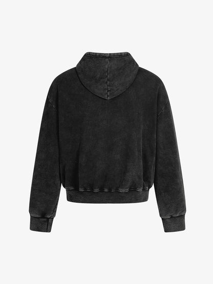 Distressed Washed Asymmetrical Placket Zip-Up Hoodie