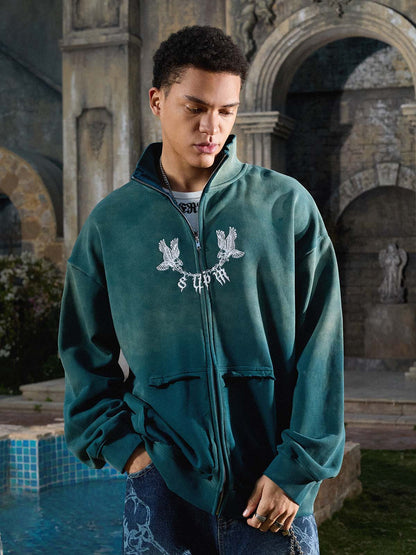 Supermade Gradient Eagle Embroidery Distressed Stand Collar Sweatshirt Jacket 