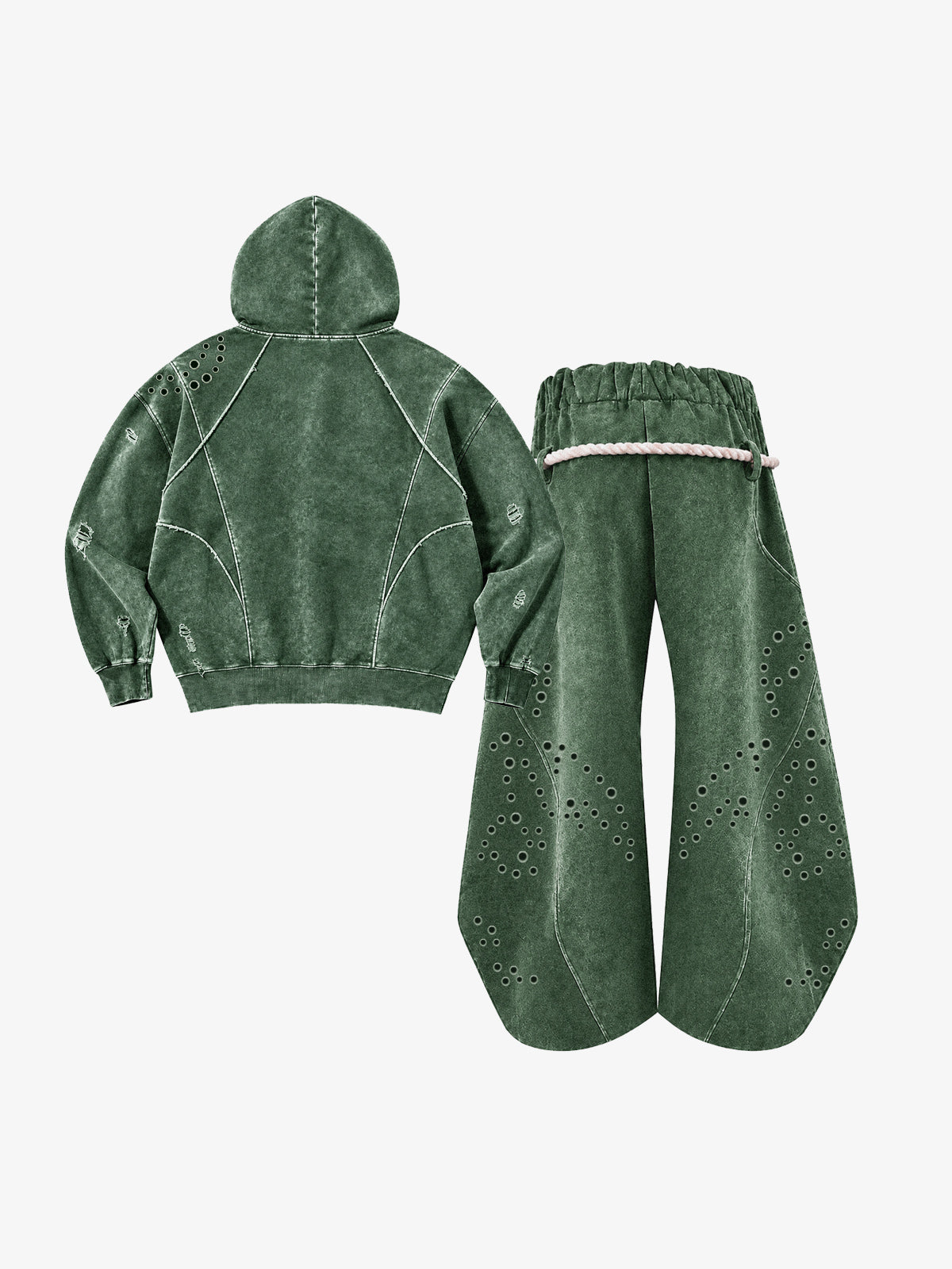 Washed Eyelet Distressed Hoodie & Curved-Leg Sweatpants Set