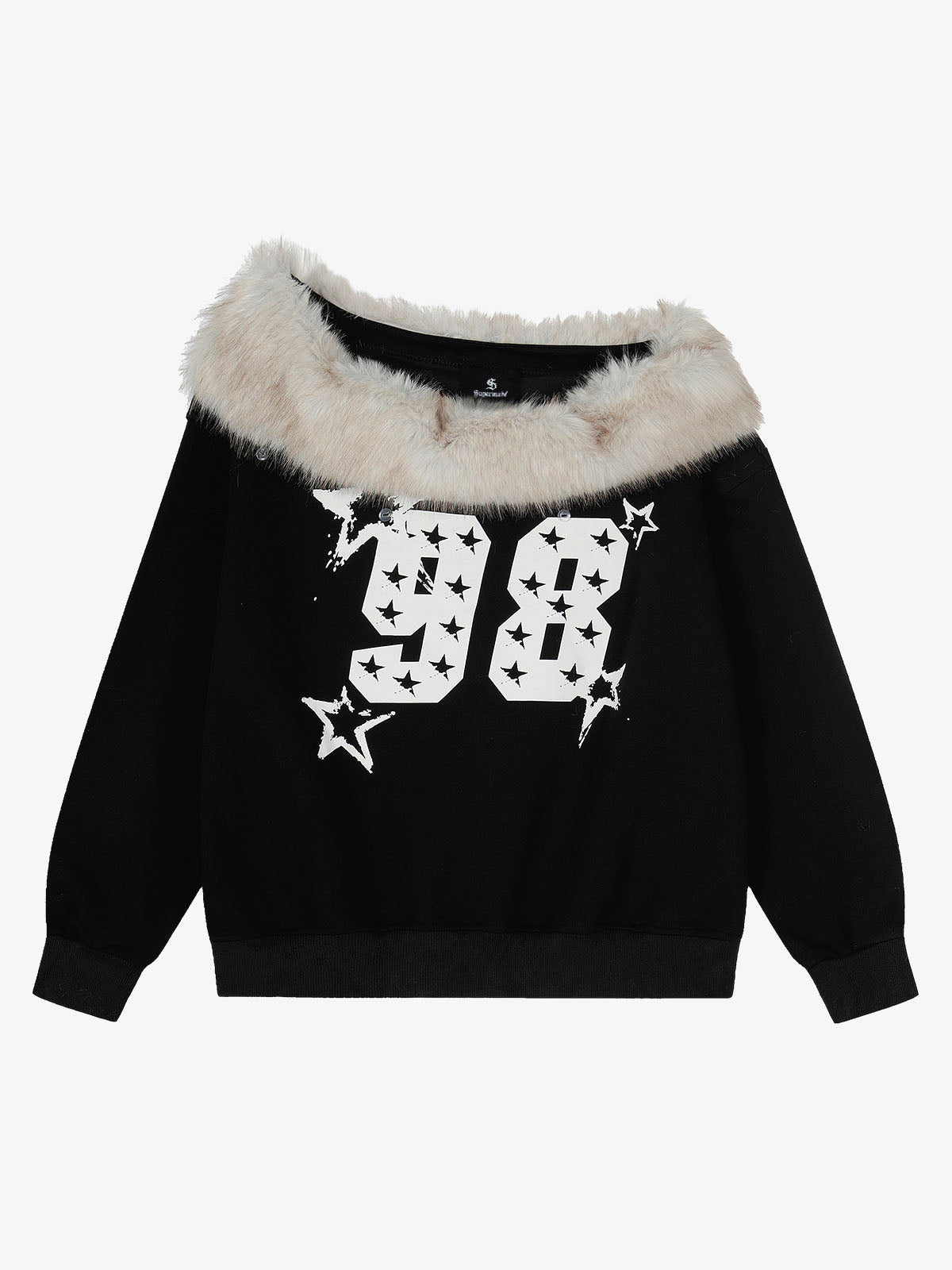 Off-Shoulder-Sweatshirt mit Pelzkragen und Grafikprint '98