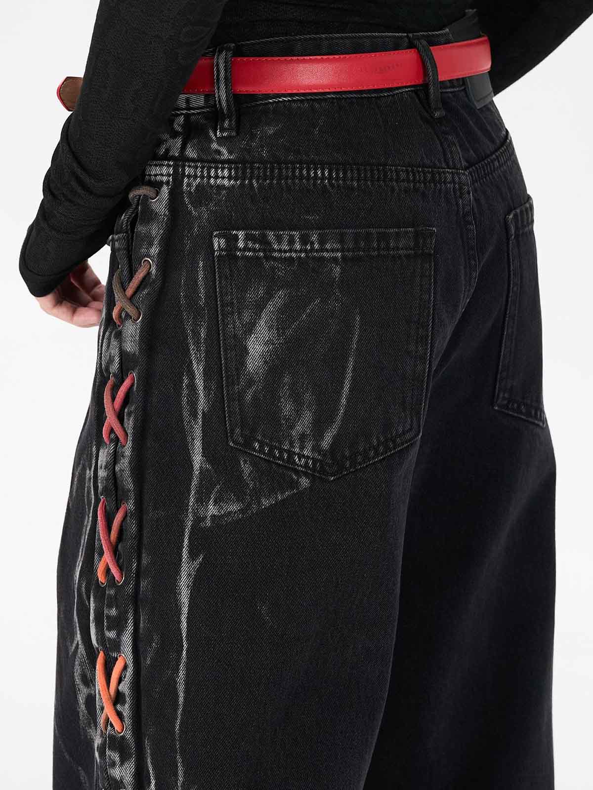 Retro Colorful Lace-Up Side Panel Spray-Washed Wide Leg Jeans 