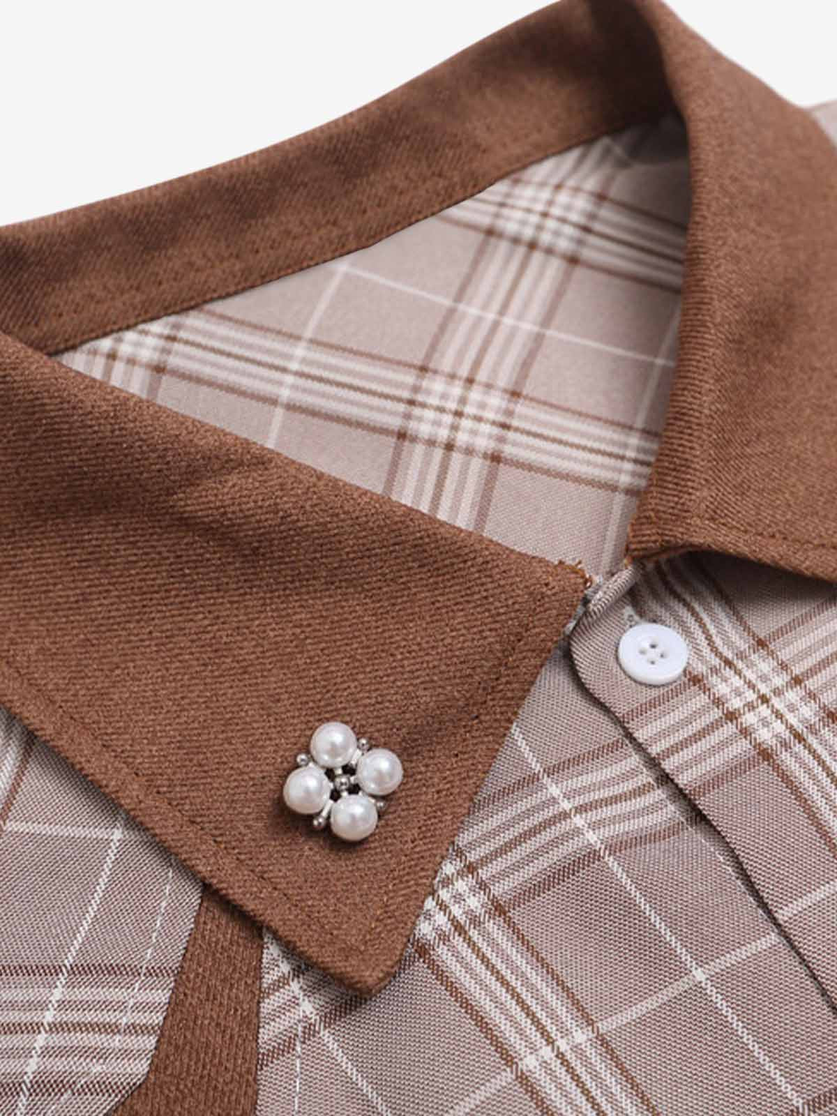 Faux Two-piece Pearl Button Plaid Short-sleeved Shirt 