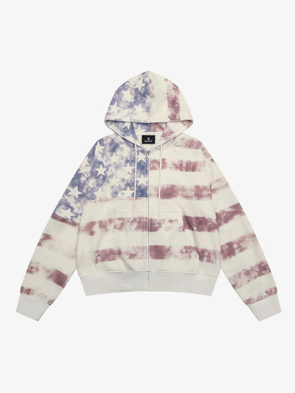 Distressed Star Stripe Graphic Zip-Up Hoodie