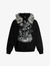 Thesupermade Detachable Fur Collar Half-zip Printed Hooded Cardigan Sweatshirt 