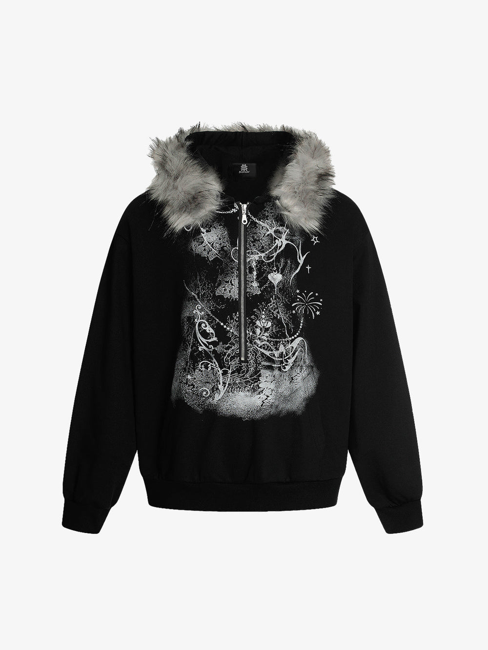 Detachable Fur Collar Printed Cardigan Half-Zip Hoodie 