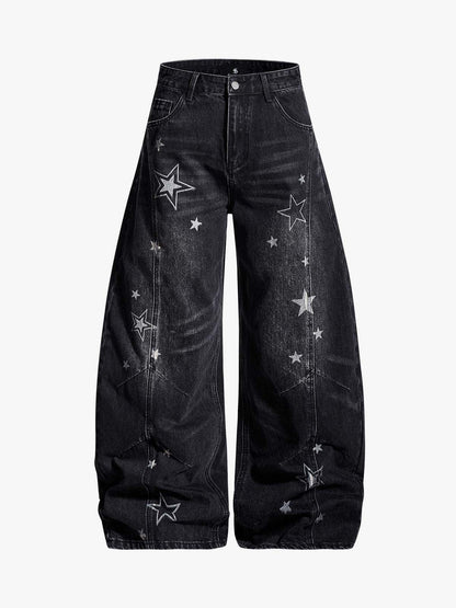 Vintage Star Print Washed Barrel Jeans 