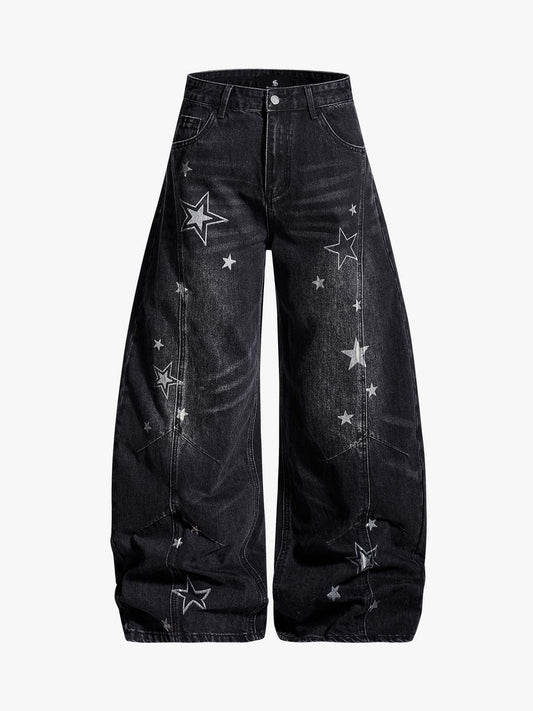 Vintage Star Print Washed Barrel Jeans 