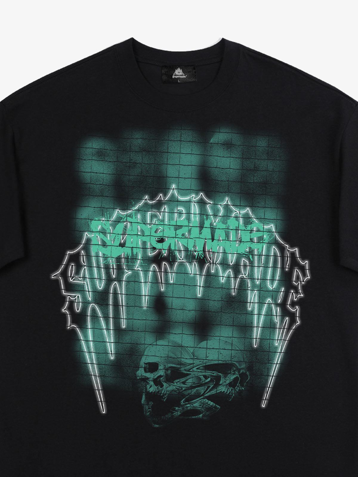 THE SUPERMADE Dark Grid Skull Graphic T-Shirt with Neon Drip Design 