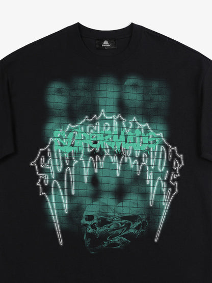 THE SUPERMADE Dark Grid Skull Graphic T-Shirt with Neon Drip Design 