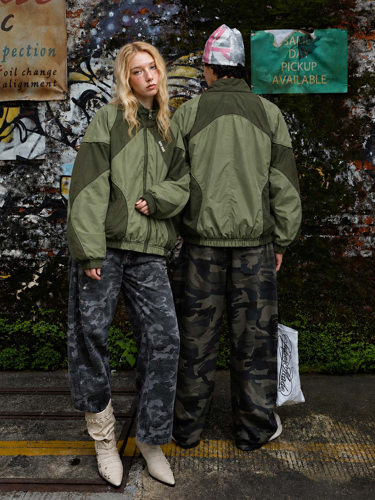 Graphic Print Batwing-Sleeve Nylon Track Jacket