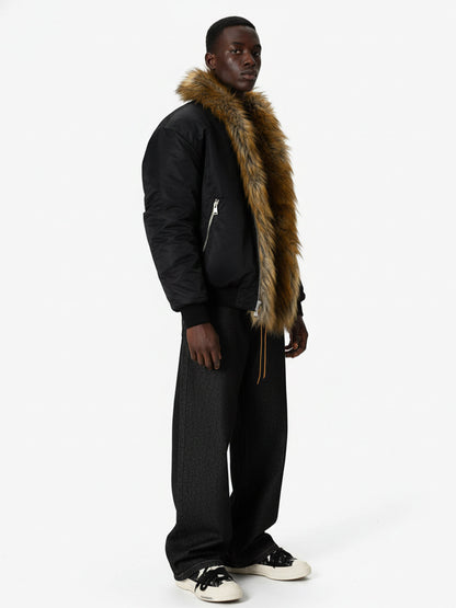 Street Dark Shadow Fur Collar Quilted Bomber Jacket 