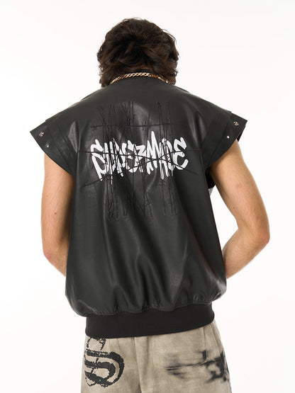 Thorn Destruction Frame Pattern Leather Vest 