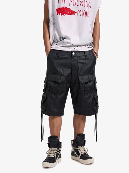 Drawstring Faux Leather Cargo Shorts