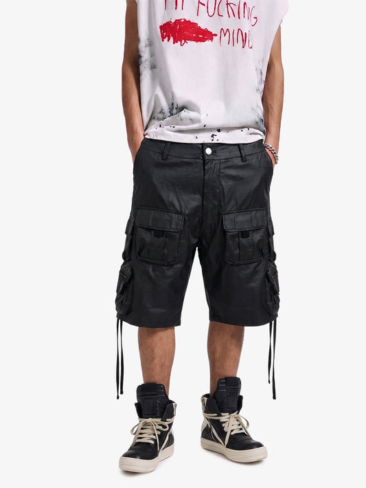 Drawstring Faux Leather Cargo Shorts