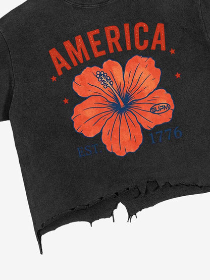 Acid Wash Ripped Floral T-Shirt 