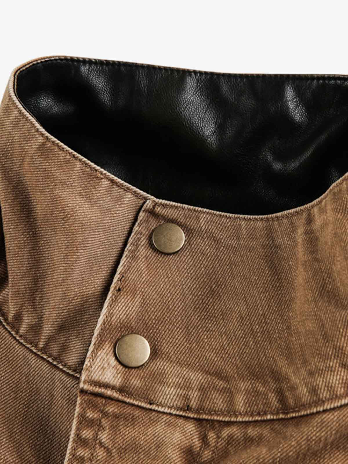 Leather Contrast Fold-Over Collar Multi Pocket Jacket