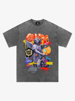 Angel statue and street graffiti mixed pattern T-shirt 