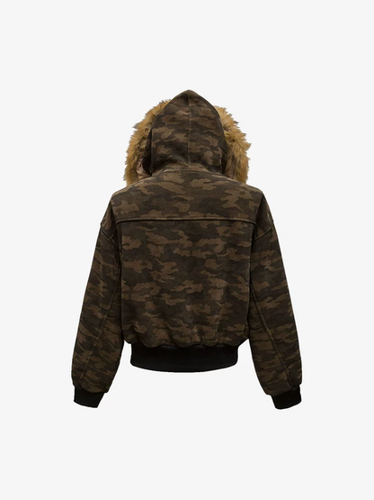 Camouflage Spliced Fur Hooded Fleece Jacket - 2262 