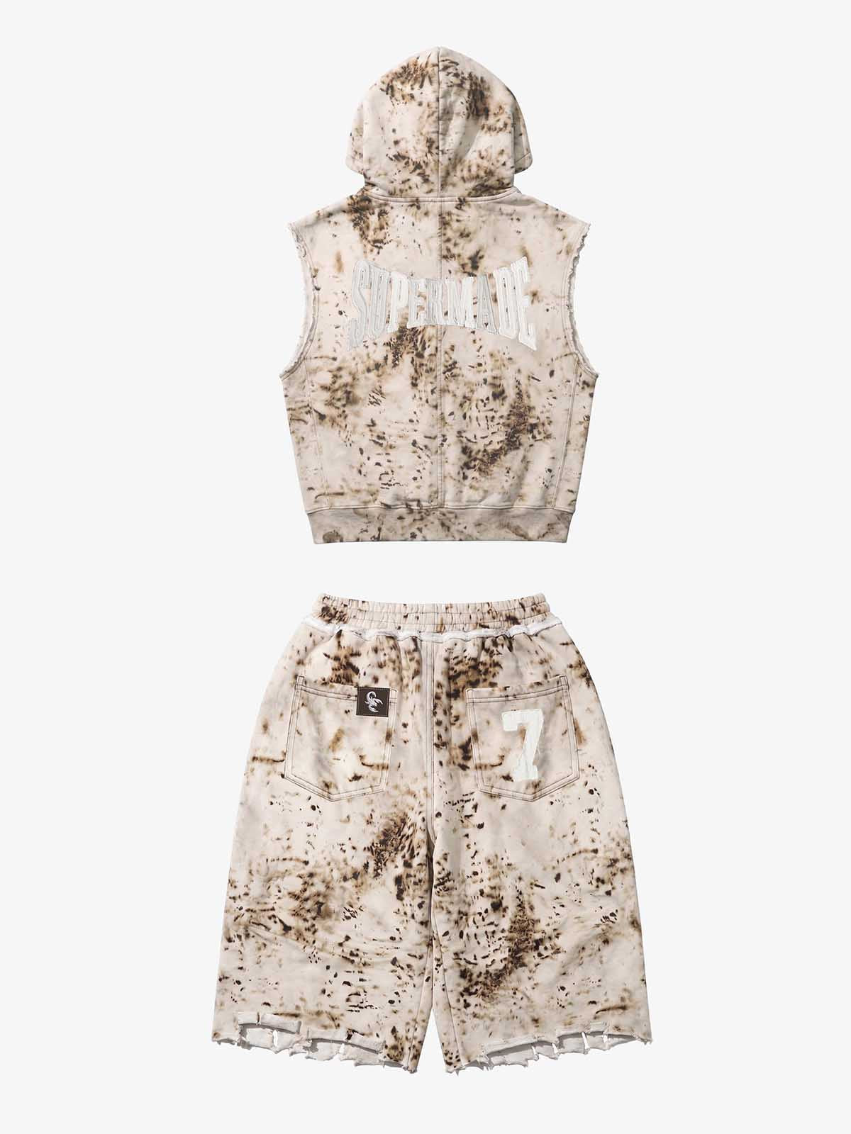 Washed Distressed Irregular Leopard Sleeveless Hooded Vest Set 