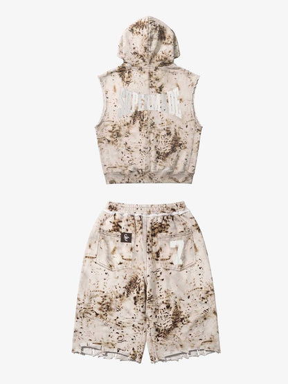 Washed Distressed Irregular Leopard Sleeveless Hooded Vest Set 